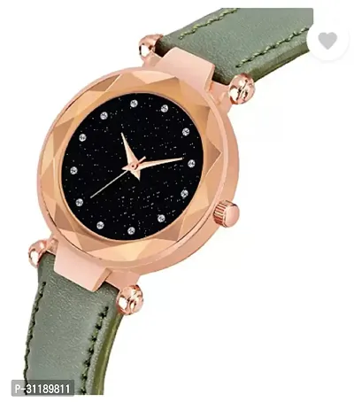 Analog Watch - For Girls Black 12 Dimuons Dial Green Leather Strap Watch For Girls-thumb2