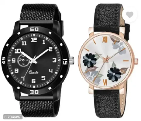 Stylish Black PU Analog Couple Watches For Men And Women, Pack Of 2