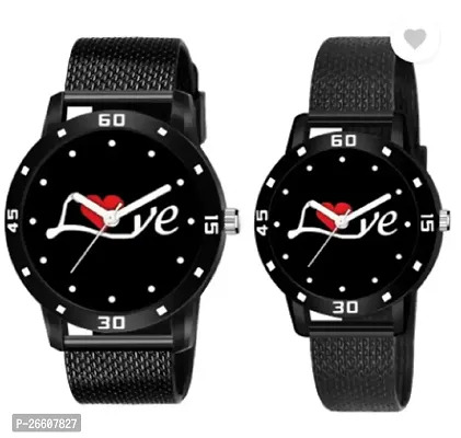 Stylish Black PU Analog Couple Watches For Men And Women, Pack Of 2