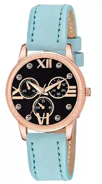 Analog Watch - For Girls Black Dial Sky-blue Leather Strap Watch For Girls-thumb1