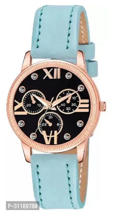 Analog Watch - For Girls Black Dial Sky-blue Leather Strap Watch For Girls-thumb2