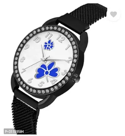 Analog Watch - For Girls Casual Analogue Unique Design Blue Flower Printed Dial With Black Magnet Strap-thumb2