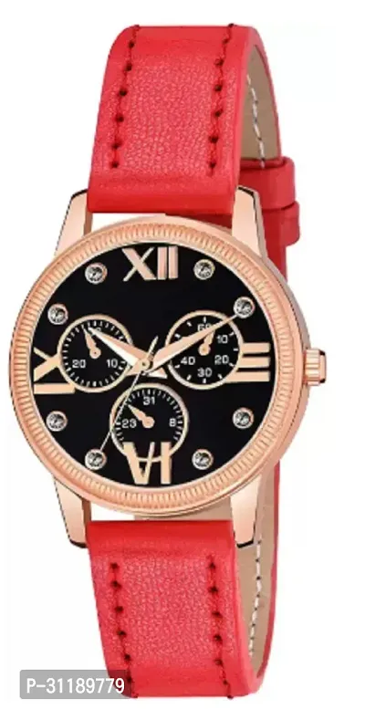 Analog Watch - For Girls Black Dial Red Leather Strap Watch For Girls-thumb2