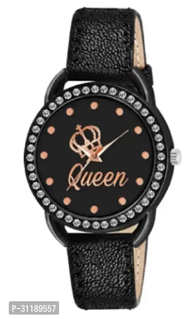 New Black Cash Queen Dial Leather Strap Analog Watch For Girls-thumb0