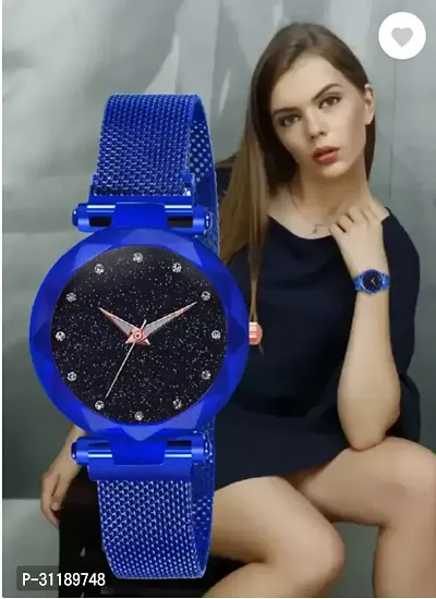 Blue Magnet And Bracelet Analog Watch - For Girls 12 Point Sapphire Blue Diamond Studded Analog Quartz Magnet Style