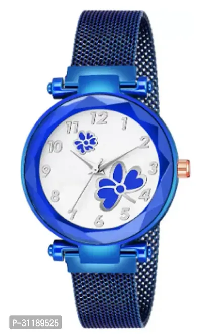 Analog Watch - For Girls New Fashion Blue Flower White Dial Blue Case With Blue Magnet Strap For Girl-thumb0