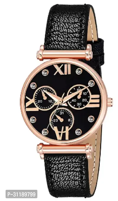 Analog Watch - For Girls Ixia Black Dial Rose Gold Case Black Leather Strap-thumb0