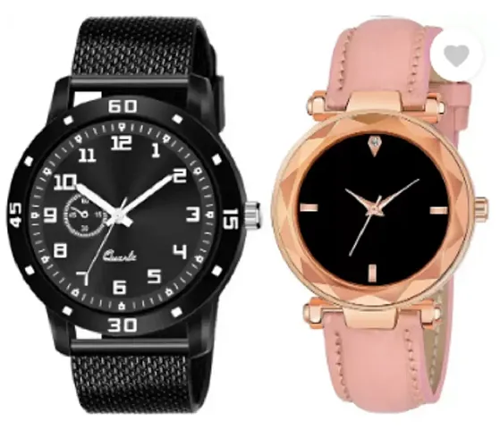 Stylish PU Analog Couple Watches For Men And Women, Pack Of 2