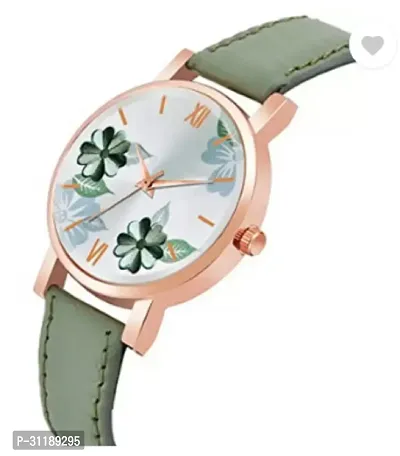 Green Flowered Dial Leather Strap Analog Watch For Girls-thumb4