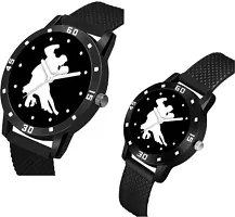 Stylish Black PU Analog Couple Watches For Men And Women, Pack Of 2-thumb1