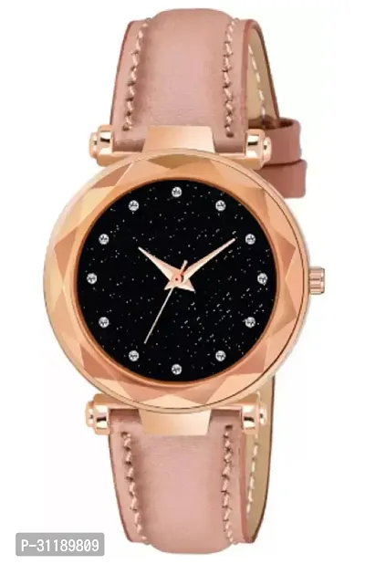 Analog Watch - For Girls Black 12 Dimuons Dial Pink Leather Strap Watch For Girls-thumb0