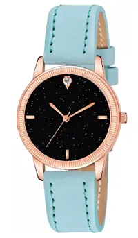 Girls Latest 4 Diamonds Sky-blue Leather Analog Watch-thumb1