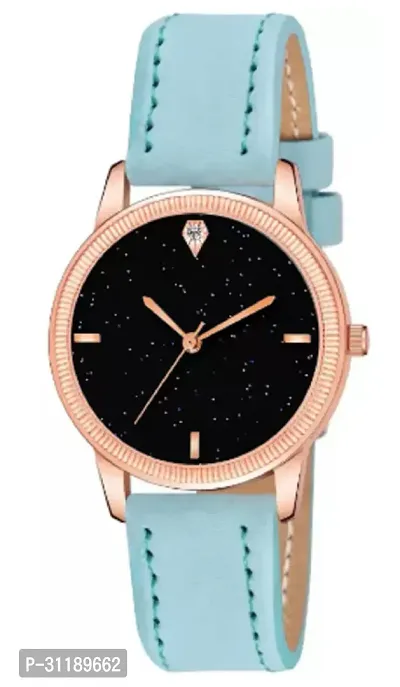 Girls Latest 4 Diamonds Sky-blue Leather Analog Watch-thumb2