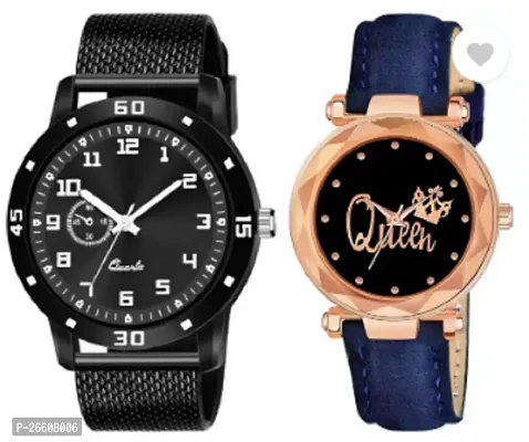 Stylish Black PU Analog Couple Watches For Men And Women, Pack Of 2