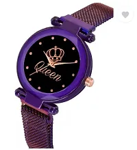 Analog Watch - For Girls New Queen Black Dial Purple Magnet Strap Watch-thumb1