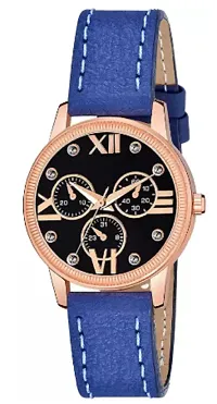 Analog Watch - For Girls Black Dial Blue Leather Strap Watch For Girls-thumb1