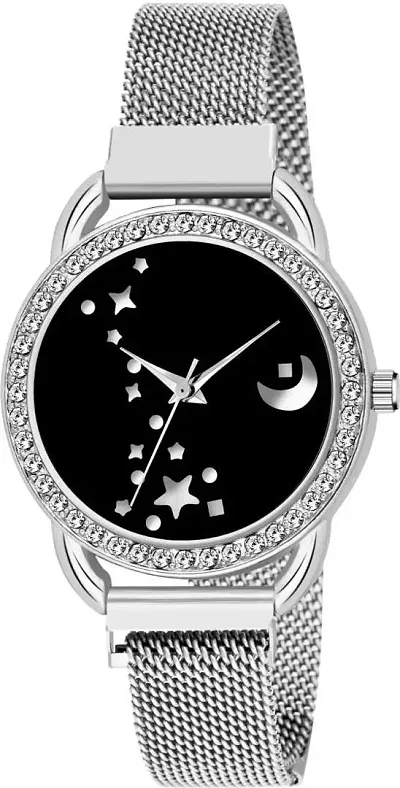 KIARVI GALLERY Clausal Moon Star Dial Designer Magnet Strap Analog Watch for Girl's and Women(Black Dial, Colored)