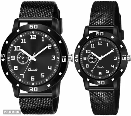 Stylish Black PU Analog Couple Watches For Men And Women, Pack Of 2-thumb0