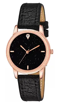 Girls Latest 4 Diamonds Black Leather Analog Watch-thumb1