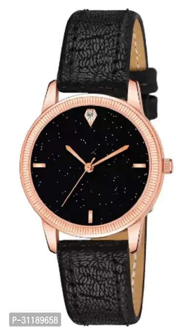 Girls Latest 4 Diamonds Black Leather Analog Watch-thumb2