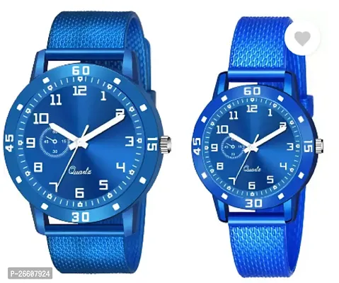 Stylish Blue PU Analog Couple Watches For Men And Women, Pack Of 2