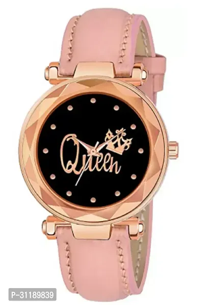 Analog Watch - For Girls Black Queen Dial Peach Leather Strap Watch For Girls-thumb0