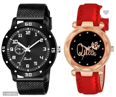 Stylish Black PU Analog Couple Watches For Men And Women, Pack Of 2