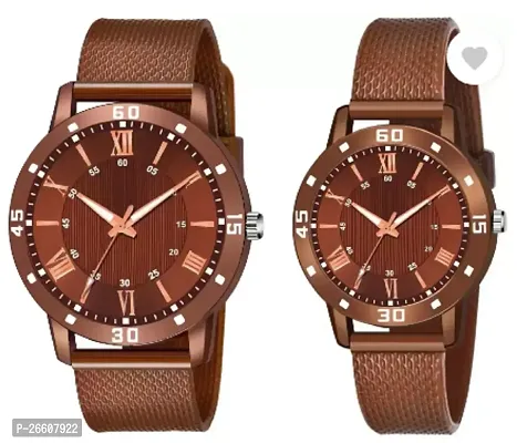 Stylish Brown PU Analog Couple Watches For Men And Women, Pack Of 2