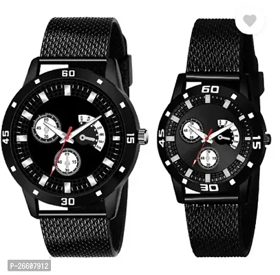 Stylish Black PU Analog Couple Watches For Men And Women, Pack Of 2