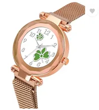 Analog Watch - For Girls New Fashion Green Flower White Dial Rose Gold Case With Rose Gold Magnet Strap For Girl-thumb2