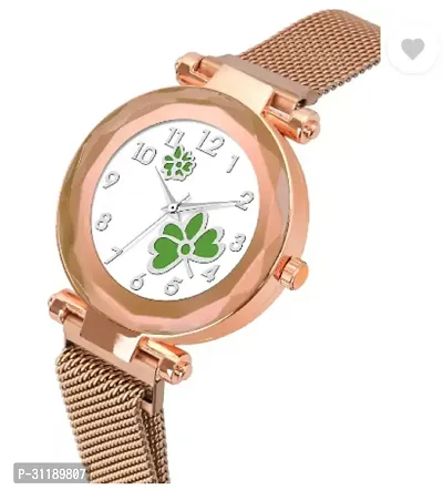 Analog Watch - For Girls New Fashion Green Flower White Dial Rose Gold Case With Rose Gold Magnet Strap For Girl-thumb3