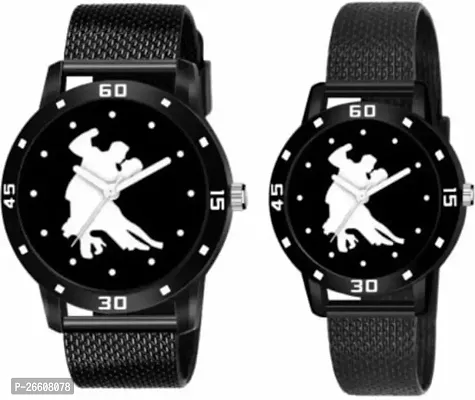 Stylish Black PU Analog Couple Watches For Men And Women, Pack Of 2-thumb0