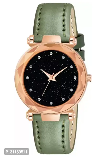 Analog Watch - For Girls Black 12 Dimuons Dial Green Leather Strap Watch For Girls-thumb0