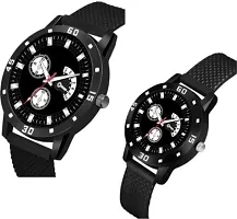 Stylish Black PU Analog Couple Watches For Men And Women, Pack Of 2-thumb1