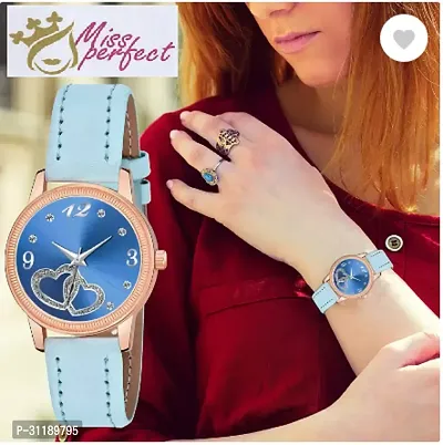 Analog Watch - For Girls Blue Heart Dial Sky-blue Leather Strap Watch For Girl-thumb0