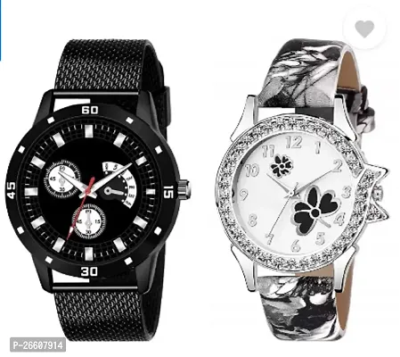 Stylish Black PU Analog Couple Watches For Men And Women, Pack Of 2