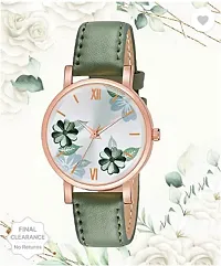 Green Flowered Dial Leather Strap Analog Watch For Girls-thumb1