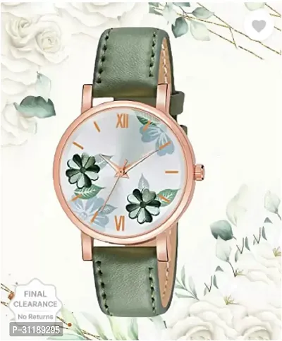 Green Flowered Dial Leather Strap Analog Watch For Girls-thumb2