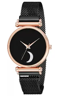 Analog Watch - For Girls Black Color Chand Dial Black Magnet Watch-thumb1