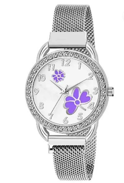 KIARVI GALLERY Casual Analogue Flower Dial Full Diamond Designer Magnetic Metal Strap Analog Girl's and Women's Watch (Rose Colored Strap) (Rose -Red)