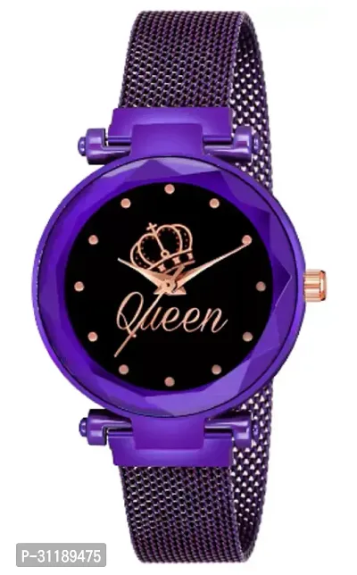 Analog Watch - For Girls New Queen Black Dial Purple Magnet Strap Watch-thumb0