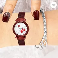 Analog Watch - For Girls New Fashion Red Flower White Dial Silver Case With Silver Magnet Strap For Girl-thumb1