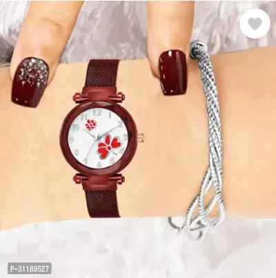 Analog Watch - For Girls New Fashion Red Flower White Dial Silver Case With Silver Magnet Strap For Girl-thumb2