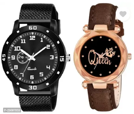 Stylish Black PU Analog Couple Watches For Men And Women, Pack Of 2