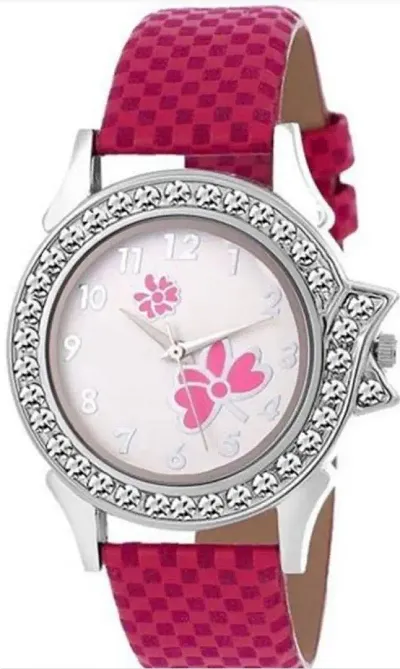 Stylish Flower Print Dial Chex Synthetic Design Leather Belt Watch For Girls Women