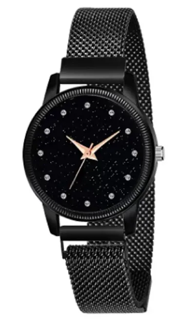 KIARVI GALLERY Clausal 12 Diamond Dial Magnetic Metal Strep Analog Girl's Women's Watch (Balck)