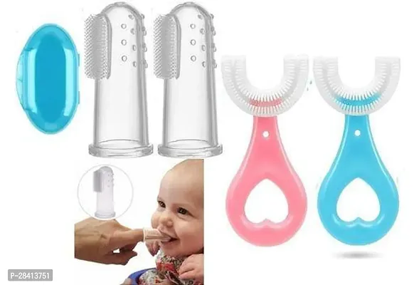 Baby Finger Brush For Easy Cleaning, Massaging With Carry Case And Pack Of 1 U-Shaped Toothbrush For Kids 360 Degree Soft Bristles And Easy Grip Pack Of 2