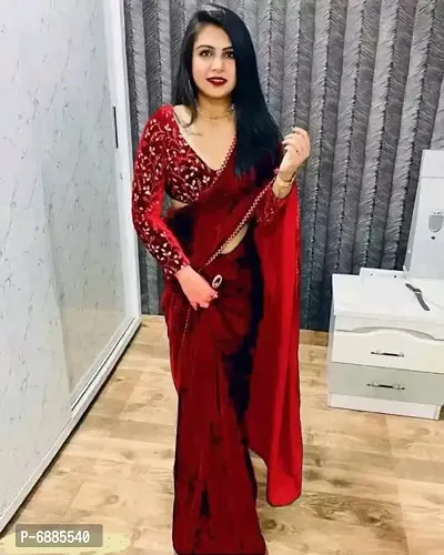 Red Velvet Lace Work Sarees For Women