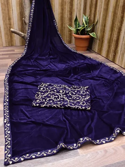 Free Bracelet! Velvet Embroidery Border Sarees With Embroidery work Blouse Piece