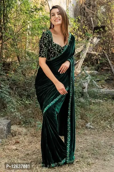 Velvet Embroidery Border Saree With Embroidery work Blouse Piece-thumb0